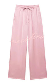 Fashionable Pleated Elastic Waist Tie Casual Pocket Wide-leg Pants