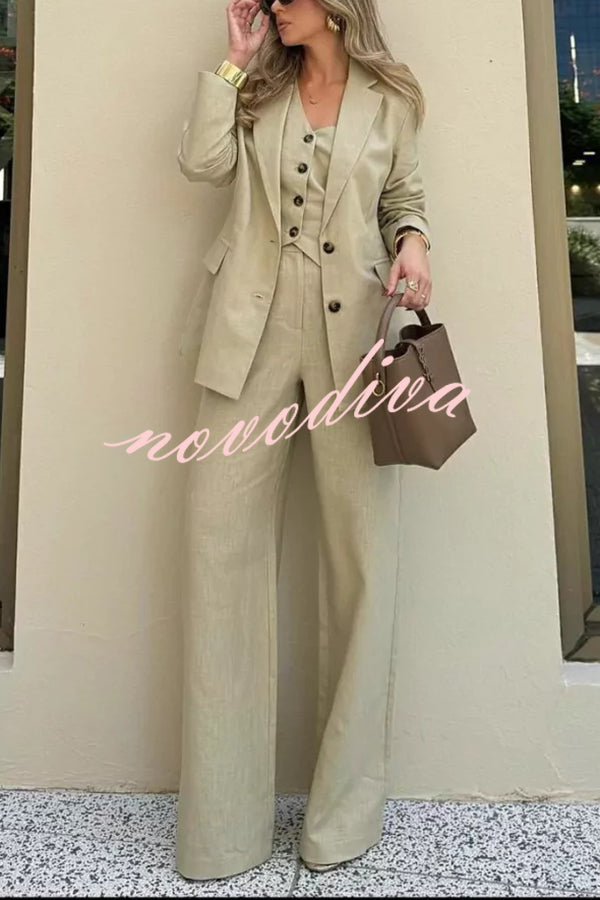 Solid Color Lapel Blazer + Slim Waistcoat and Pocket Wide-leg Pants Three-piece Set