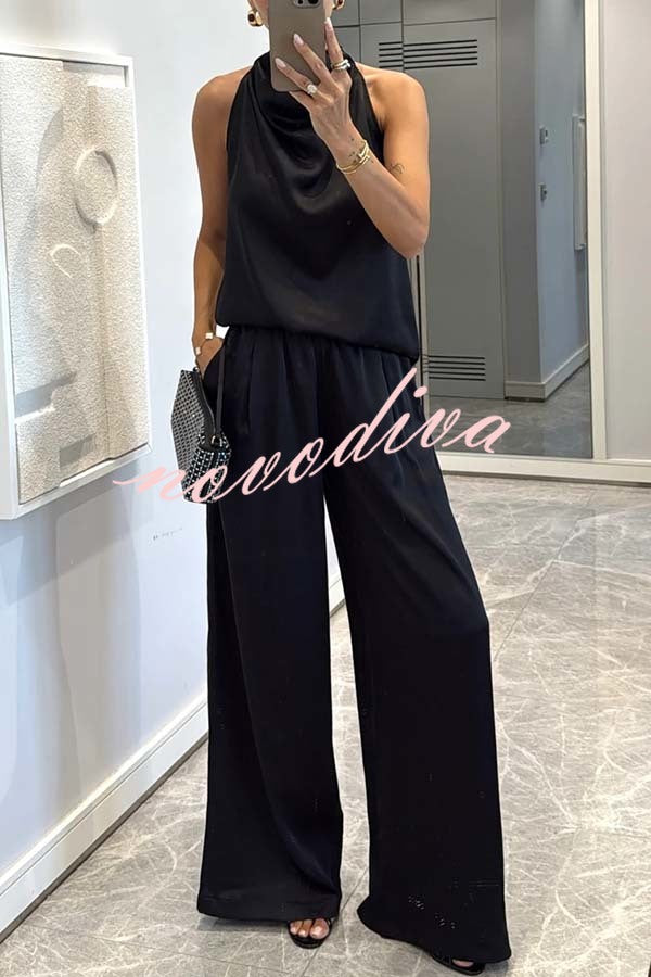 Classic on You Satin High Cowl Neck Top and Elastic Waist Pocket Loose Pants Set