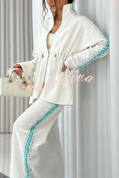 Edan Textured Knit Sequin Patchwork Drawstring Zipper Sweatshirt and Stretch Wide Leg Pants Set