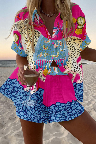 Leopard Butterfly Print Loose Button Elastic Waist Shorts Set