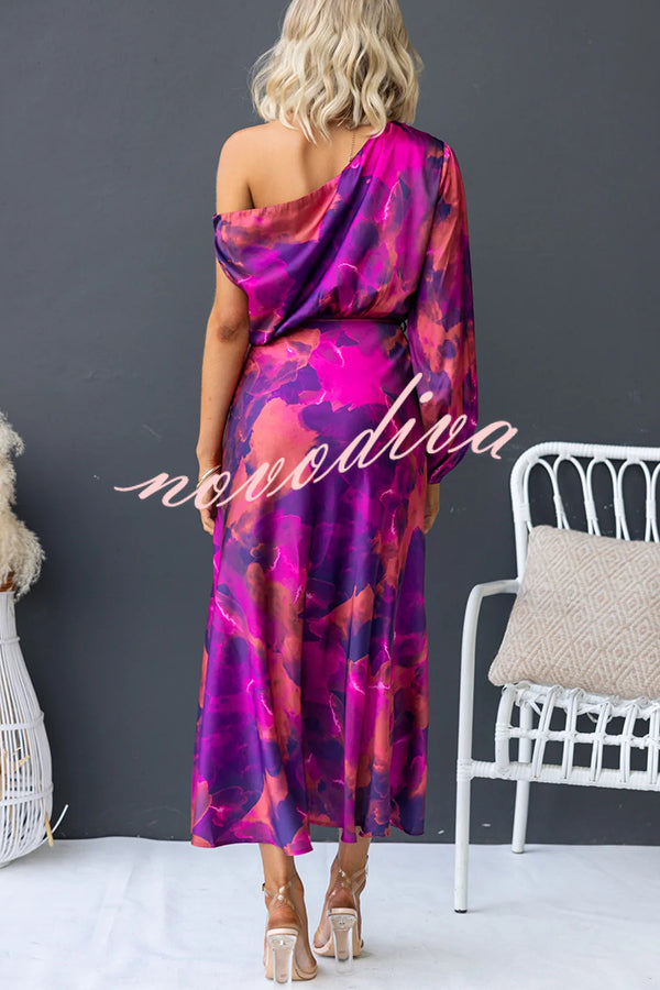 Winona Satin Floral Print One Shoulder Balloon Sleeve Tie-up Maxi Dress