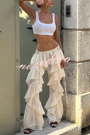 Fashionable Ruffled Elastic Waist Holiday Style Flared Pants