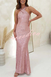 Time To Sparkle Sequin Cross Halter Neck Backless Maxi Dress