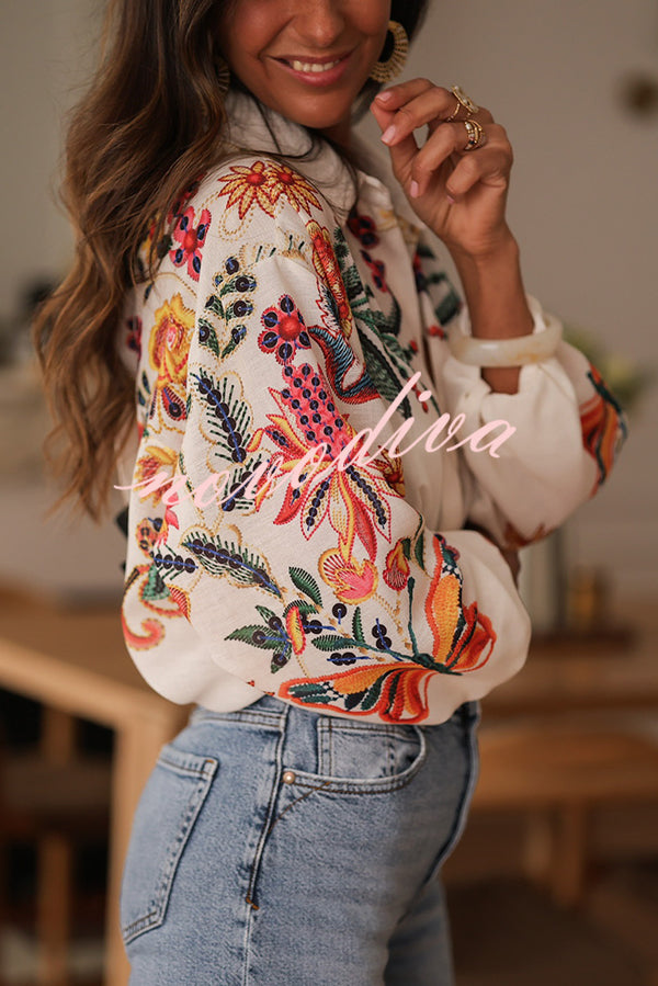 Botanical Print Loose Lapel Long Sleeve Casual Shirt