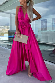 Different Elegant Effects Satin Free Tie Neck Slit Maxi Dress