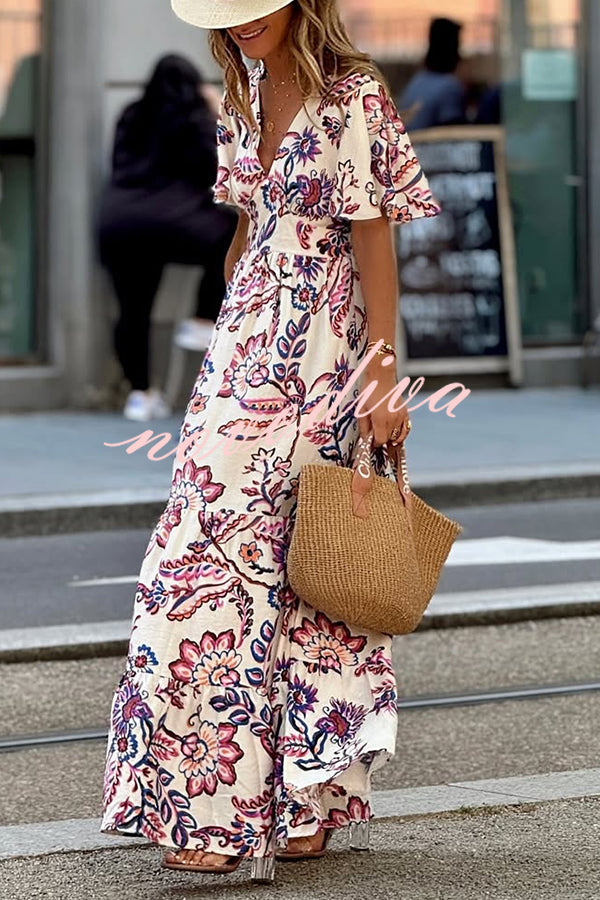 Unique Print V-Neck Waist Holiday Maxi Dress