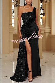 Taylor Sequin Velvet Patchwork One Shoulder Ruched Slit Prom Maxi Dress