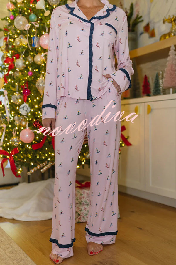 Postcards To Santa Unique Print Ruffles Trim Pocket Shirt and Elastic Waist Pajama Set
