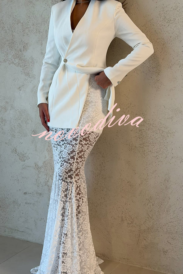 Poetic Muse Floral Lace High Rise Elastic Waist Fishtail Hem Maxi Skirt
