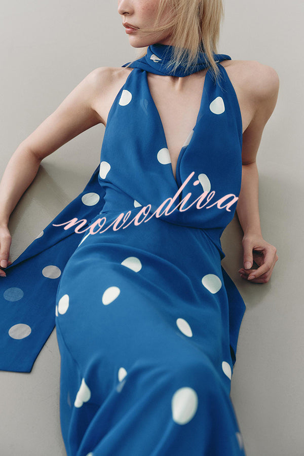 Fashion Polka Dot Print Sexy Halter Neck Backless Maxi Dress