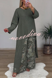 Linen Blend Crew Neck Long Sleeve Irregular Loose Top and Elastic Waist Floral Print Casual Pocket Set
