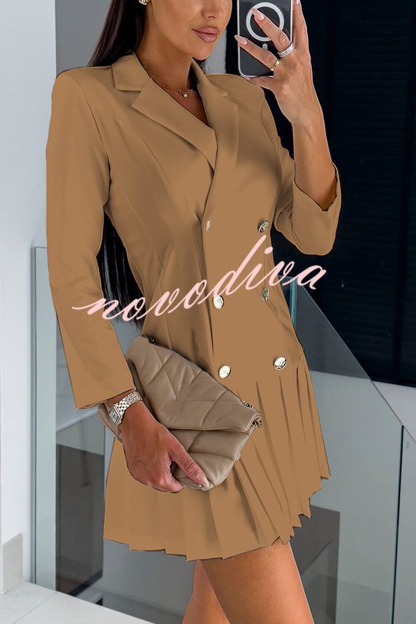 Kayleen Metal Button Down Solid Color Long Sleeve Pleated Blazer Mini Dress