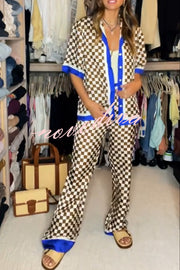 Olivia Satin Checkerboard Colorblock Print Shirt and Elastic Waist Pocketed Loose Pants Set