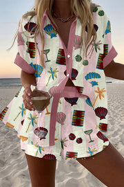 Beach Shell Print Loose Button Elastic Waist Shorts Set