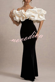 Cecily Velvet Off Shoulder Satin Structured Bardot Neck Stretch Maxi Dress