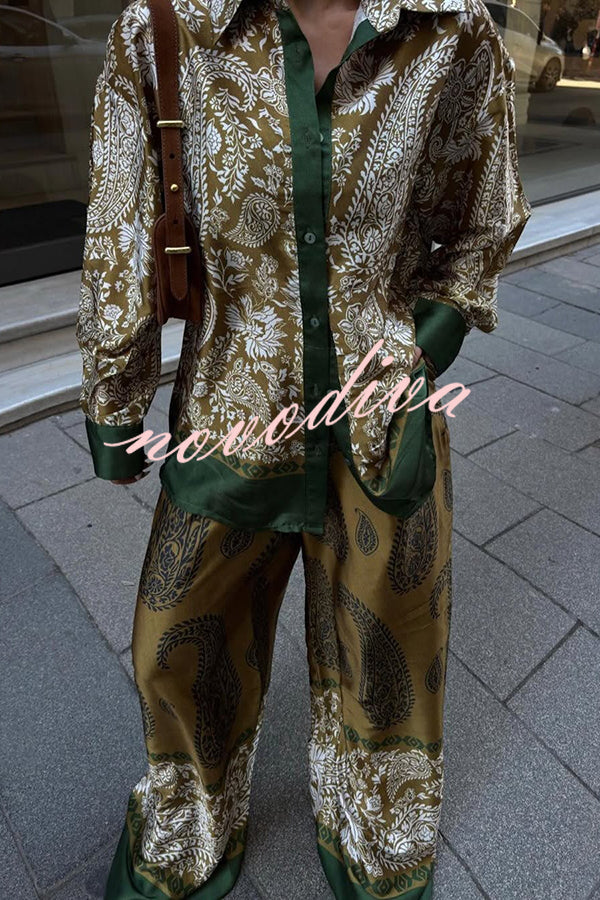 Naya Satin Contrast Color Paisley Long Sleeve Shirt and Elastic Waist Pocketed Pants Set