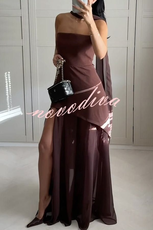 Monaco Off Shoulder Structured Top Chiffon Slit Hem Scarf Maxi Dress