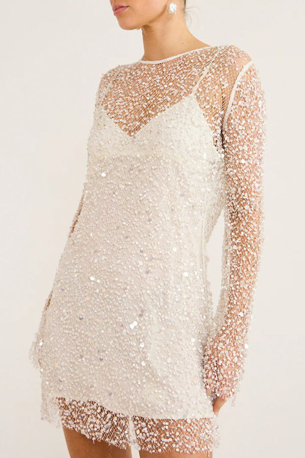 Sparkle and Shine Sequins and Pearls Fabric Mini Dress with Separate Slip