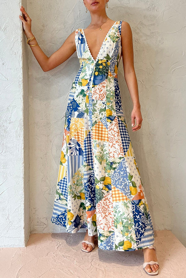 Eternal Italian Paradise Linen Blend Patchwork Print Pocketed Maxi Dress