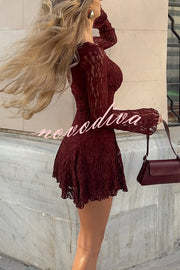 Fashionable Lace Long-sleeved V-neck Slim-fit Mini Dress