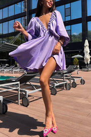 V Neck Puff Sleeve Solid Color Resort Style Mini Dress