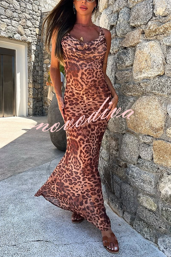 Leopard Print Sexy Strap Holiday Cover Up Maxi Dress