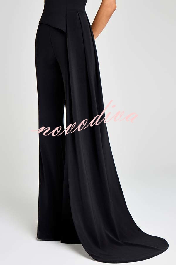 Pippa High Neck Short Sleeve Irregular Drape Hem Top and Elastic Waist Flare Pants Set
