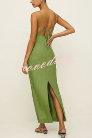 Sharyn Linen Blend Bodice Cutout Back Tie-up Slit Slip Maxi Dress