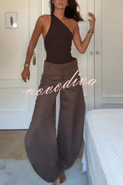 Fashion Slim-fit One-shoulder Stretch Bodysuit and Casual Side-slit Pants Set