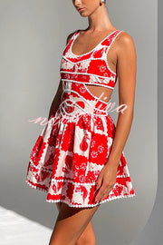 Holiday Colors Ric Rac Trims Unique Print Cutout Round Neck Mini Dress