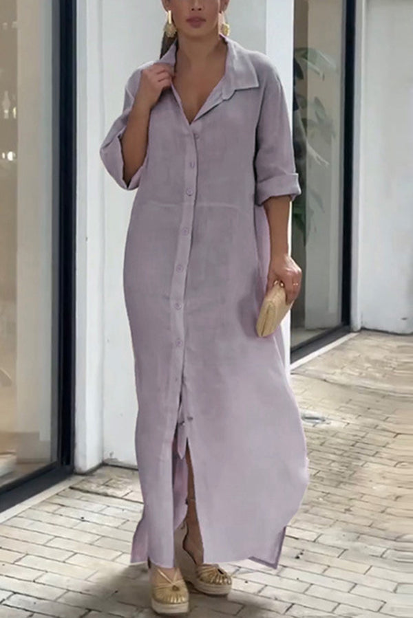 Linen Blend Solid Long Sleeve Buttoned Loose Shirt Style Maxi Dress