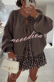 Solid Color Long-sleeved V-neck Lace-up Loose Knitted Sweater