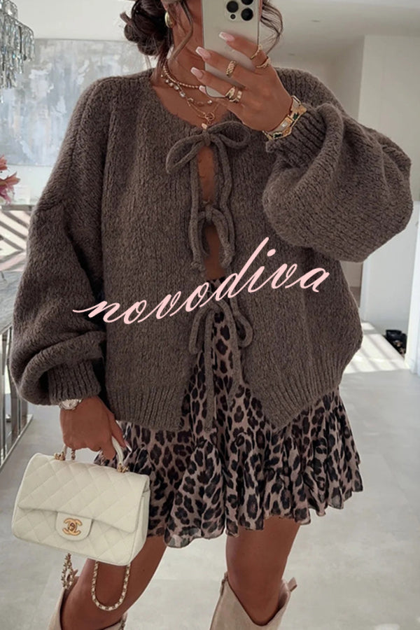 Solid Color Long-sleeved V-neck Lace-up Loose Knitted Sweater