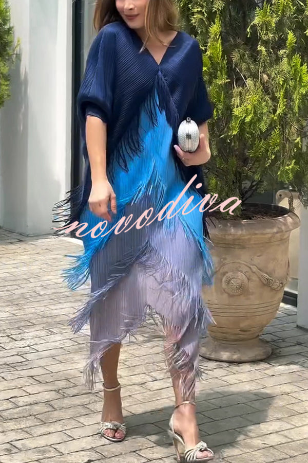 Fashionable Color-blocked Multi-layered Tassel Loose Midi Dress