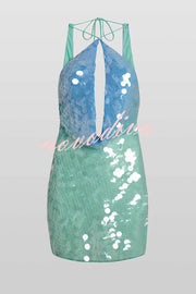 Fashion Sexy Sequined Backless Halter Neck Slim Fit Mini Dress