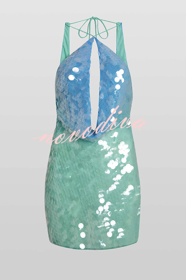 Fashion Sexy Sequined Backless Halter Neck Slim Fit Mini Dress