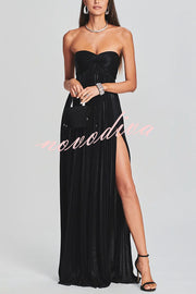 Metallic Sexy Tube Top Pleated High Slit Maxi Dress