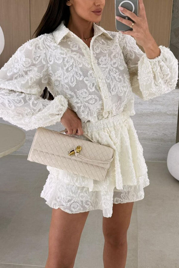 Unique Lace Texture Fabric Balloon Sleeve Blouse and Elastic Waist Layered Skirt Set