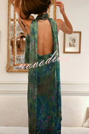 Monet Garden Art Print Turtleneck Cutout Backless Scarf Maxi Dress