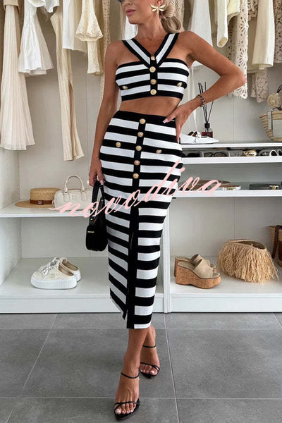 Sexy Elegant Striped Metal Button Off Shoulder Top and High Rise Slit Stretch Skirt Set