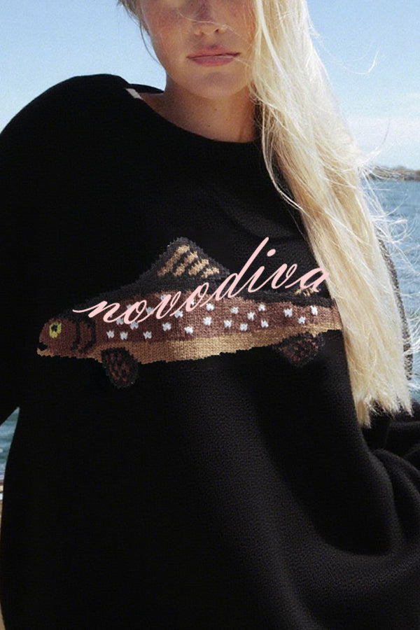 Fashionable Fish Pattern Round Neck Loose Knitted Sweater