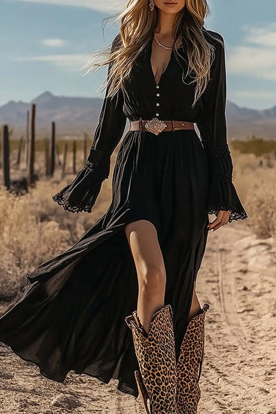 Elegant V-neck Long-sleeved Fitted Waist Slit Maxi Dress