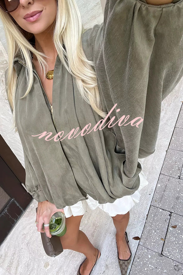 Fashion Lapel Loose Puff Long Sleeve Casual Zipper Jacket
