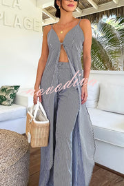 Striped Print Sleeveless Long Casual Top and Loose Straight Pants Set