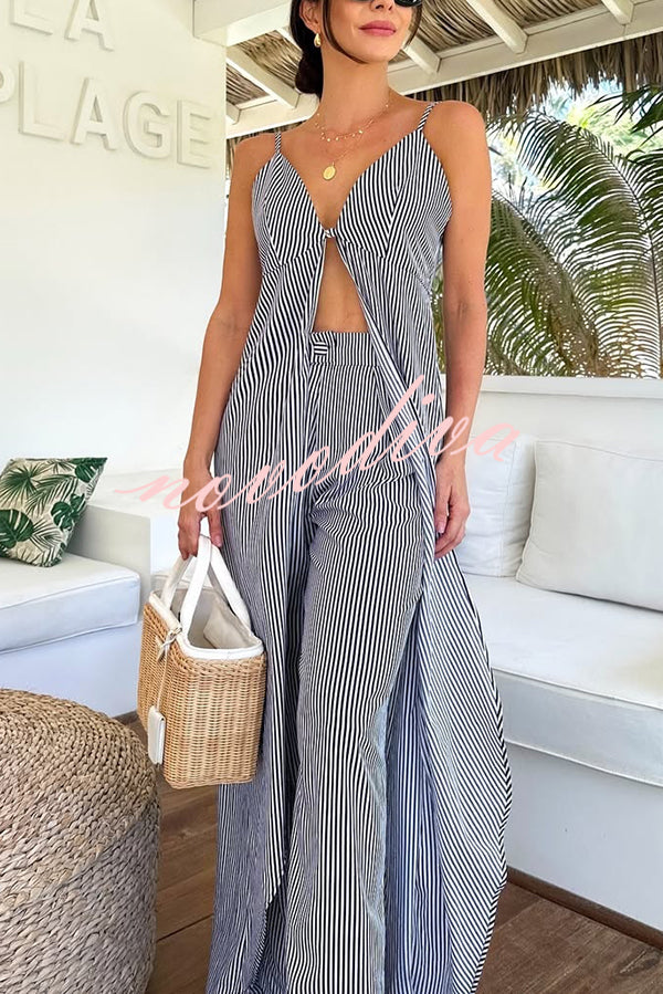 Striped Print Sleeveless Long Casual Top and Loose Straight Pants Set