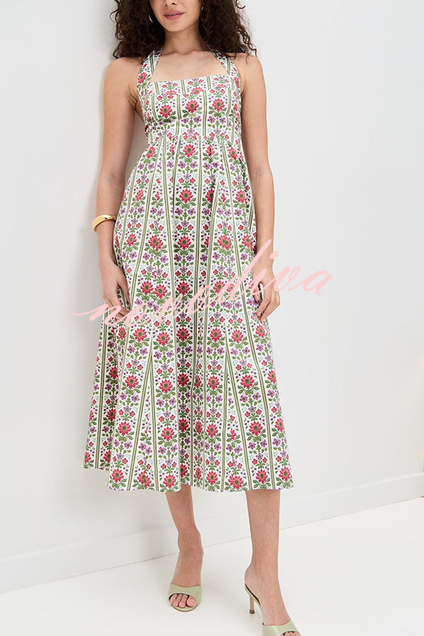 Summer Event Linen Blend Floral Pocketed Halter Maxi Dress