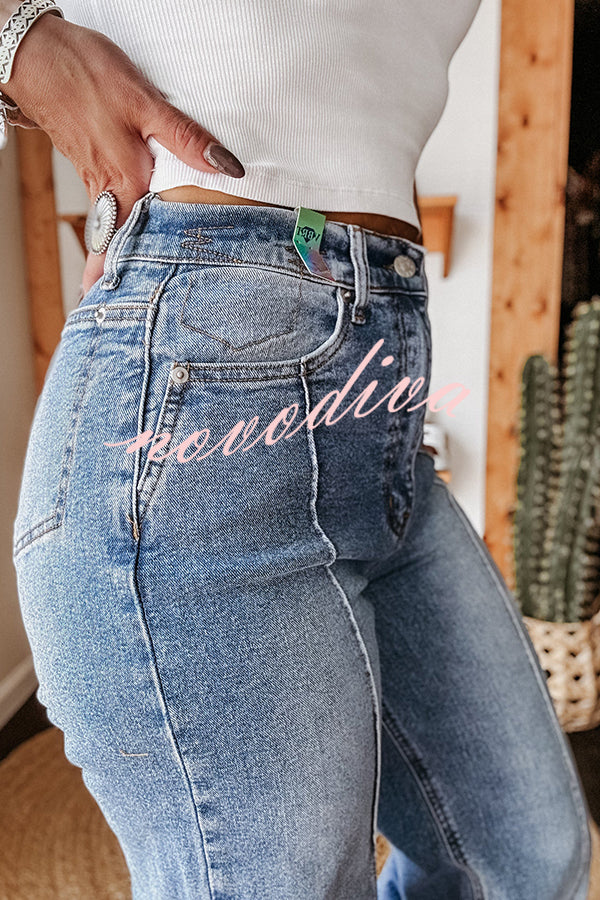 Fashion High Waist Pocket Casual Straight Jeans