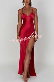 Satin Solid Color Sexy Backless Lace Up High Slit Maxi Dress