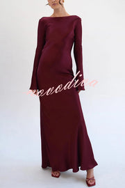 Satin Elegant Long-sleeved Open-back Slim-fit Slit Maxi Dress